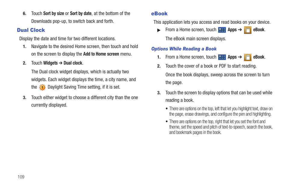 Dual clock, Ebook, Dual clock ebook | Samsung GT-P7510MADVZW User Manual | Page 112 / 181