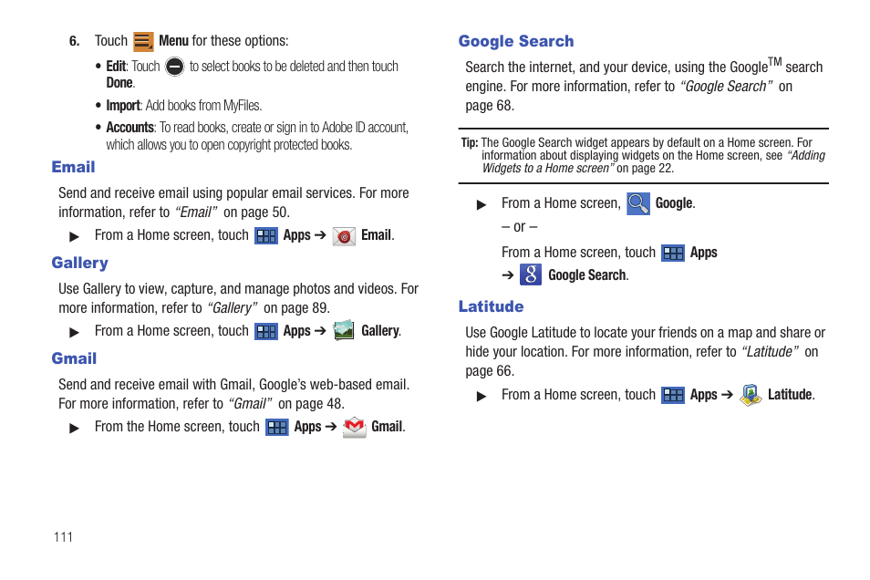 Email, Gallery, Gmail | Google search, Latitude, Email gallery gmail google search | Samsung GT-P7510MADVZW User Manual | Page 114 / 181