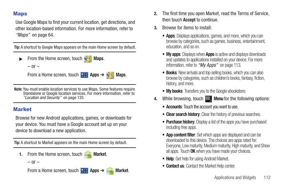 Maps, Market, Maps market | For more | Samsung GT-P7510MADVZW User Manual | Page 115 / 181