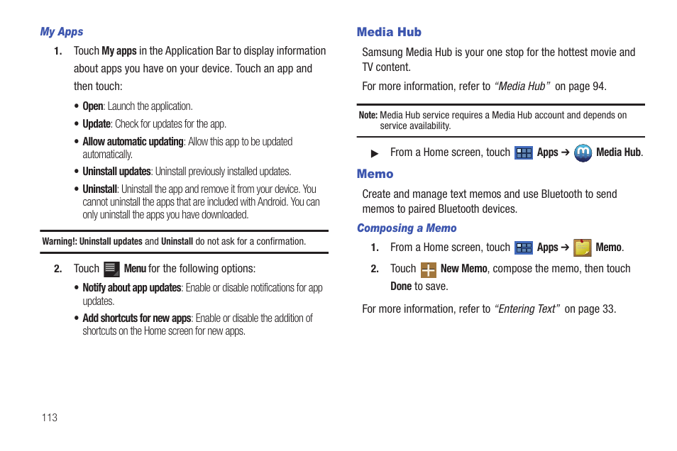 Media hub, Memo, Media hub memo | Samsung GT-P7510MADVZW User Manual | Page 116 / 181