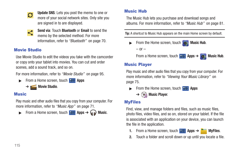 Movie studio, Music, Music hub | Music player, Myfiles, Movie studio music music hub music player myfiles, For more information | Samsung GT-P7510MADVZW User Manual | Page 118 / 181