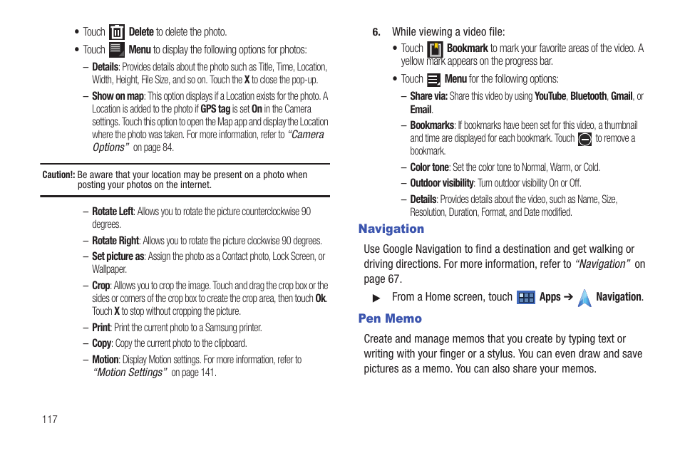 Navigation, Pen memo, Navigation pen memo | Samsung GT-P7510MADVZW User Manual | Page 120 / 181