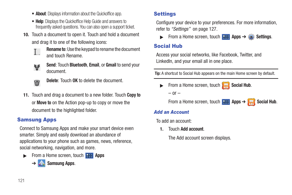 Samsung apps, Settings, Social hub | Samsung apps settings social hub | Samsung GT-P7510MADVZW User Manual | Page 124 / 181
