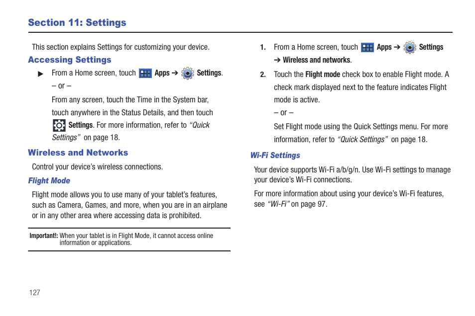 Section 11: settings, Accessing settings, Wireless and networks | Accessing settings wireless and networks, For more information, refer to, I. for more information, refer, For more | Samsung GT-P7510MADVZW User Manual | Page 130 / 181