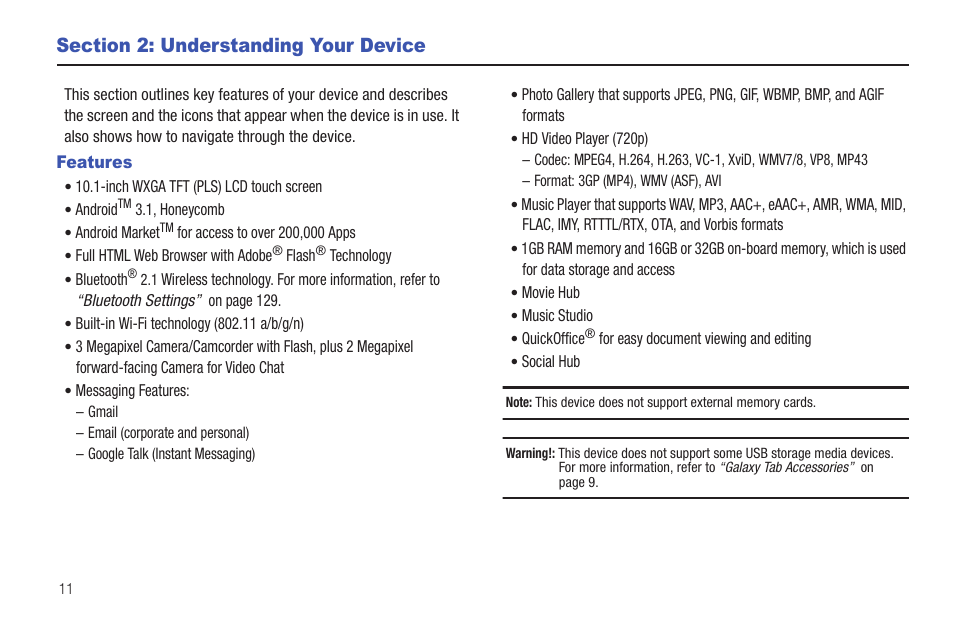 Section 2: understanding your device, Features | Samsung GT-P7510MADVZW User Manual | Page 14 / 181