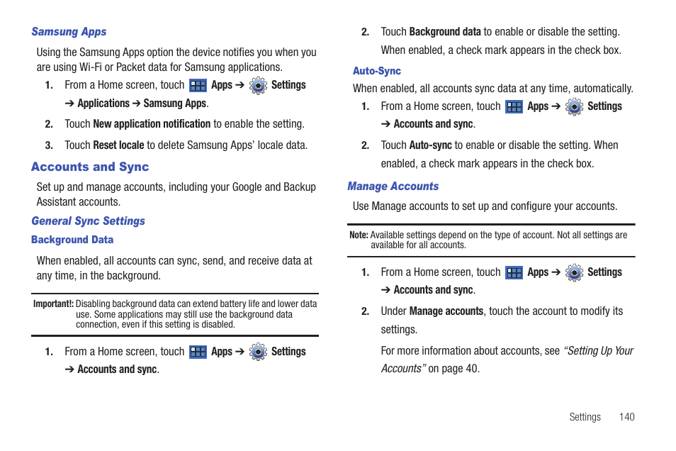 Accounts and sync | Samsung GT-P7510MADVZW User Manual | Page 143 / 181