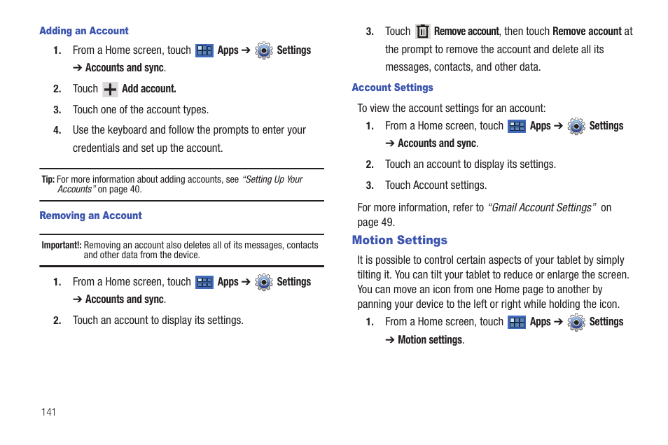 Motion settings | Samsung GT-P7510MADVZW User Manual | Page 144 / 181