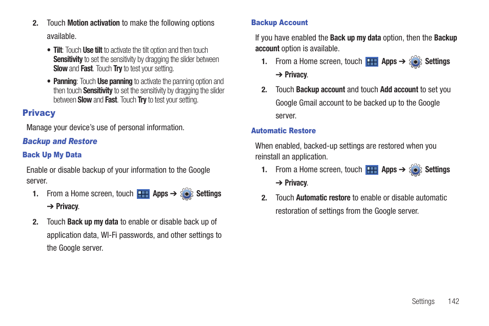 Privacy | Samsung GT-P7510MADVZW User Manual | Page 145 / 181