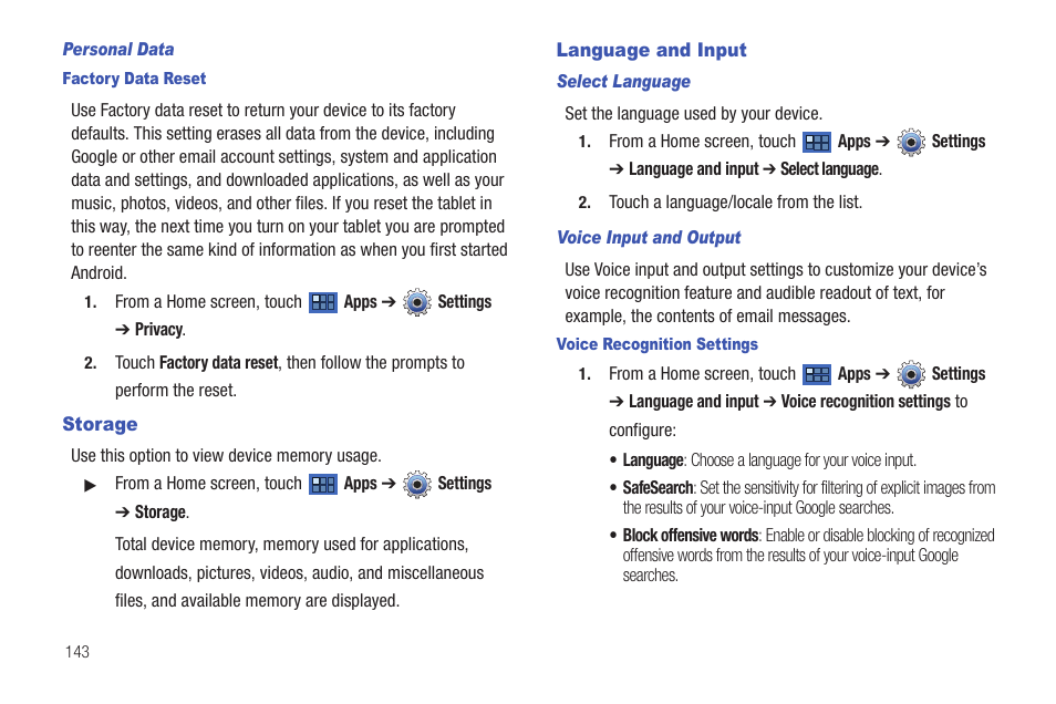 Storage, Language and input, Storage language and input | Samsung GT-P7510MADVZW User Manual | Page 146 / 181