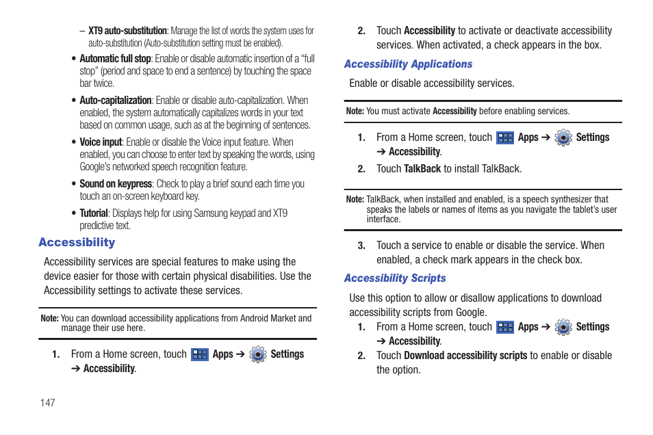 Accessibility | Samsung GT-P7510MADVZW User Manual | Page 150 / 181