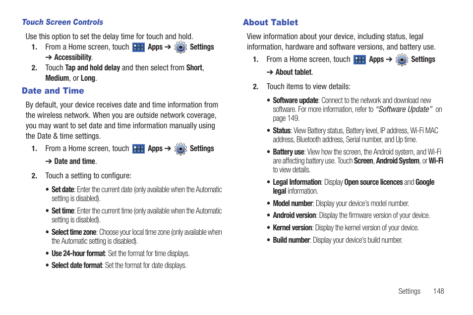 Date and time, About tablet, Date and time about tablet | E current time. for more information, refer to | Samsung GT-P7510MADVZW User Manual | Page 151 / 181