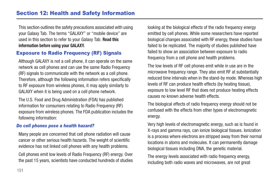 Section 12: health and safety information, Exposure to radio frequency (rf) signals | Samsung GT-P7510MADVZW User Manual | Page 154 / 181