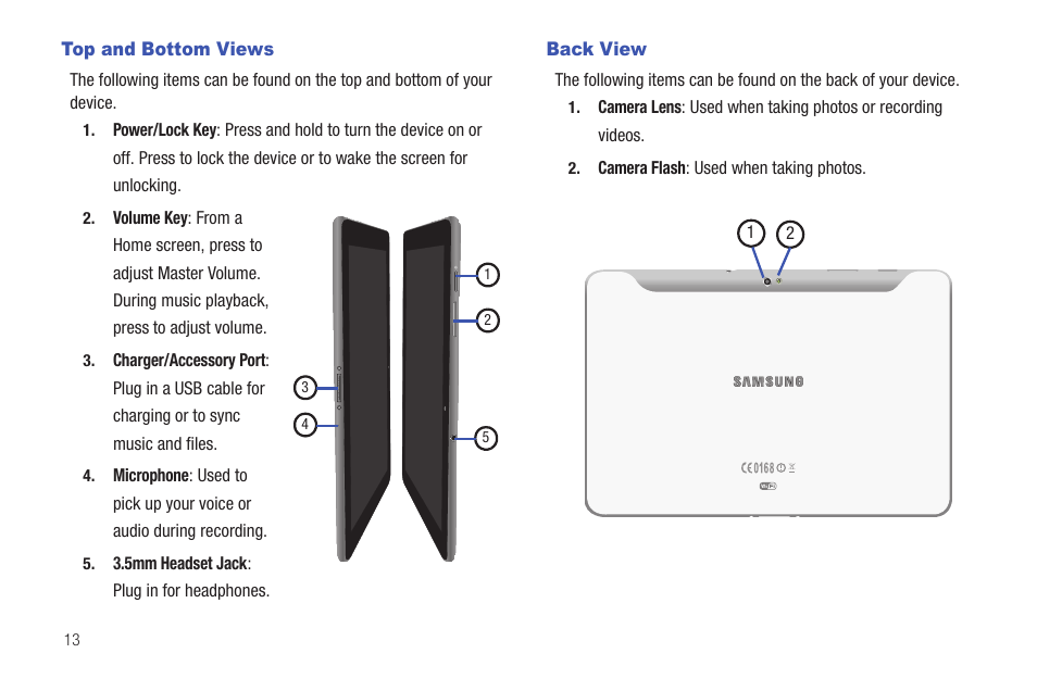 Top and bottom views, Back view, Top and bottom views back view | Samsung GT-P7510MADVZW User Manual | Page 16 / 181