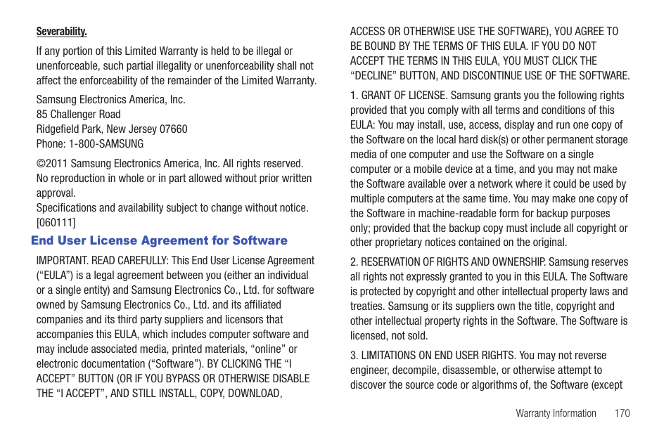 End user license agreement for software | Samsung GT-P7510MADVZW User Manual | Page 173 / 181