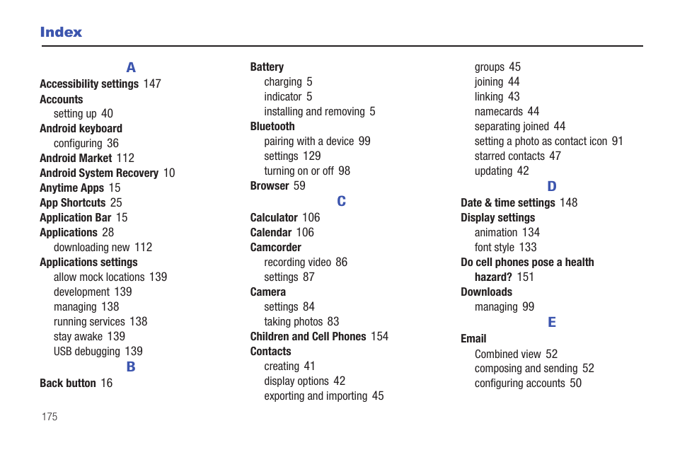 Index | Samsung GT-P7510MADVZW User Manual | Page 178 / 181