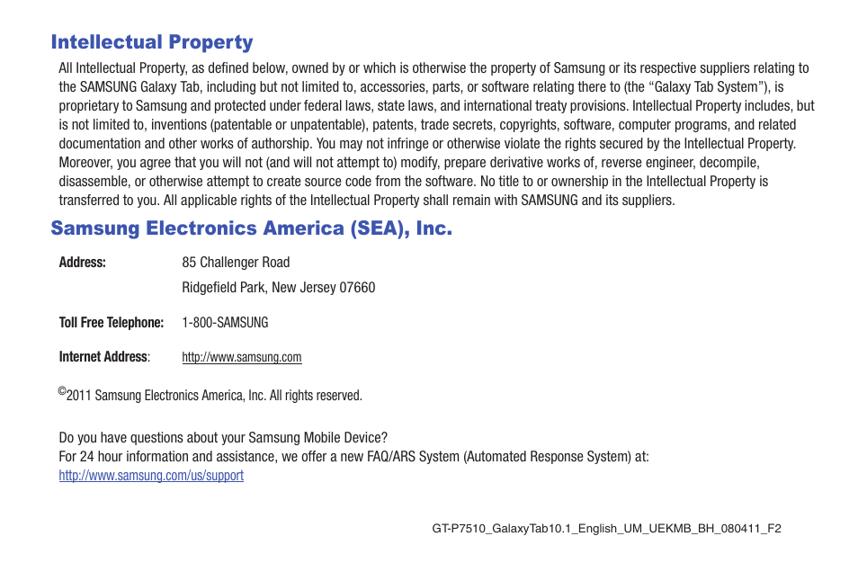 Intellectual property, Samsung electronics america (sea), inc | Samsung GT-P7510MADVZW User Manual | Page 2 / 181