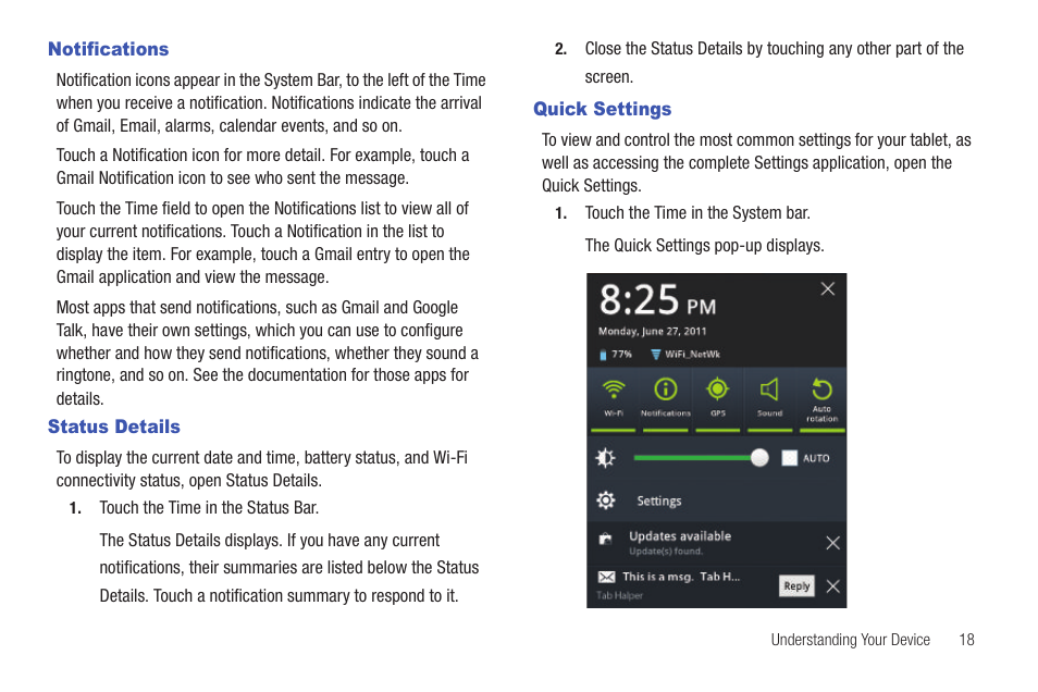 Notifications, Status details, Quick settings | Notifications status details quick settings | Samsung GT-P7510MADVZW User Manual | Page 21 / 181