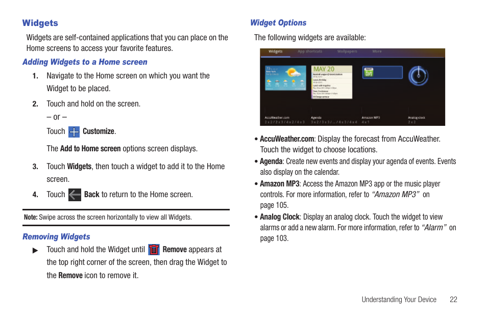 Widgets, Dget. for more, Default. for | Samsung GT-P7510MADVZW User Manual | Page 25 / 181