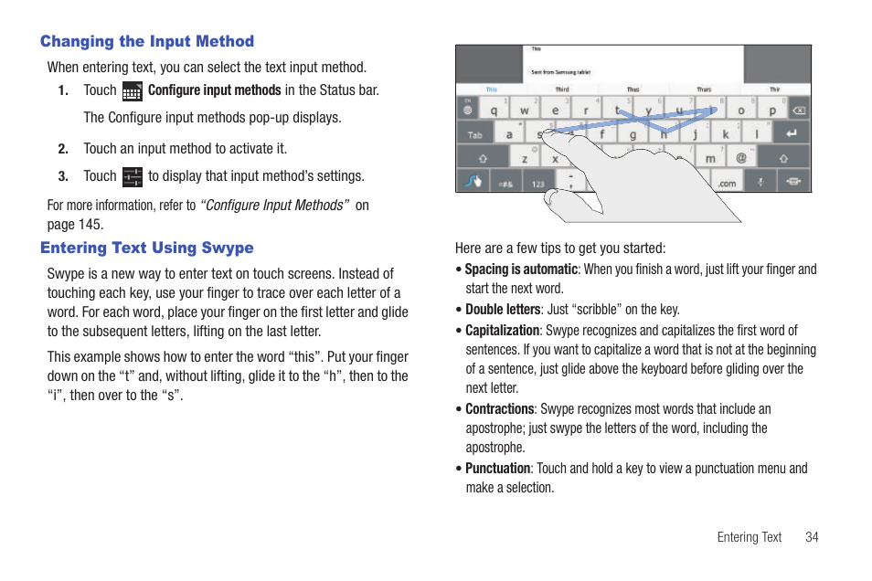 Changing the input method, Entering text using swype | Samsung GT-P7510MADVZW User Manual | Page 37 / 181