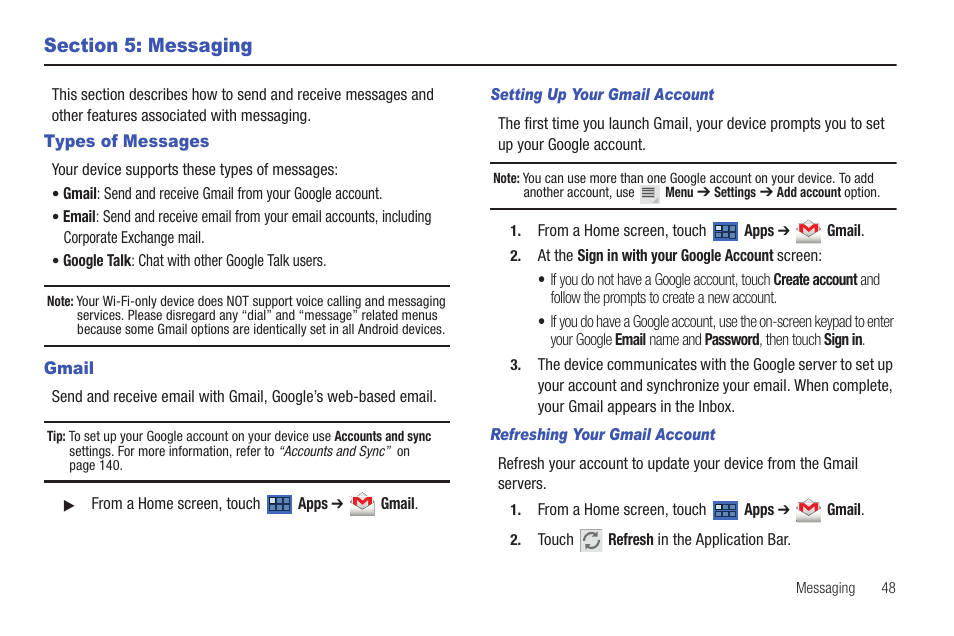 Section 5: messaging, Types of messages, Gmail | Types of messages gmail, For more information, refer to | Samsung GT-P7510MADVZW User Manual | Page 51 / 181