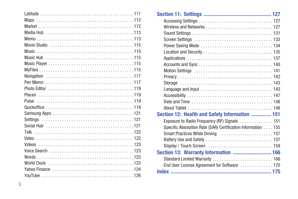 Section 11: settings 127, Section 12: health and safety information 151, Section 13: warranty information 166 | Samsung GT-P7510MADVZW User Manual | Page 6 / 181