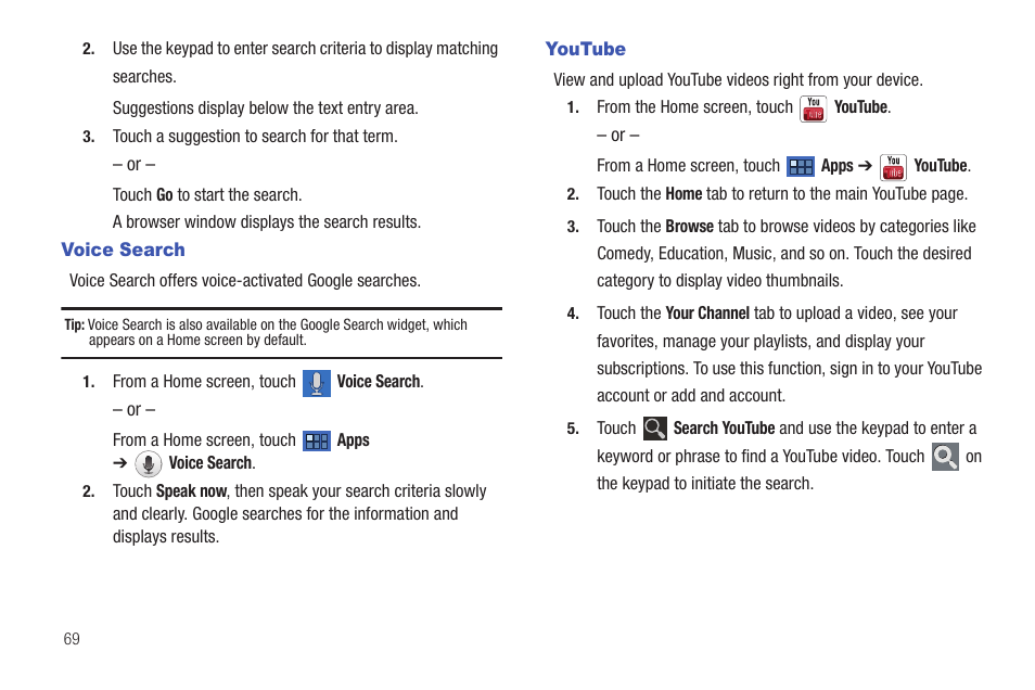 Voice search, Youtube, Voice search youtube | For more information | Samsung GT-P7510MADVZW User Manual | Page 72 / 181