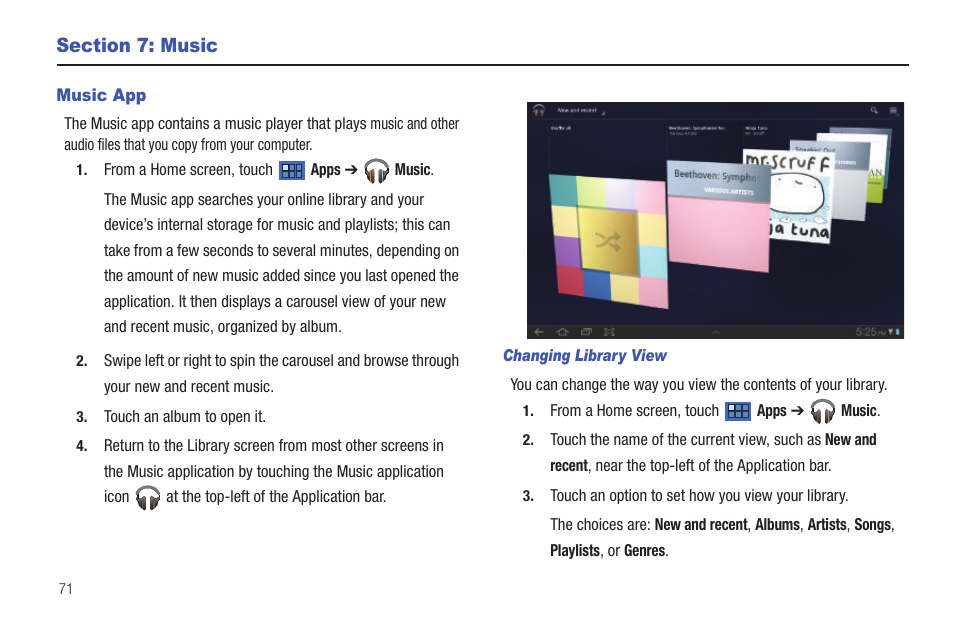 Section 7: music, Music app, Ntrols. for more | Samsung GT-P7510MADVZW User Manual | Page 74 / 181