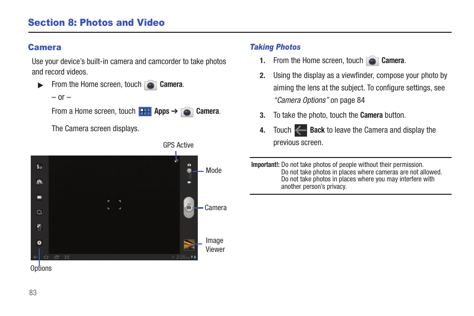 Section 8: photos and video, Camera | Samsung GT-P7510MADVZW User Manual | Page 86 / 181