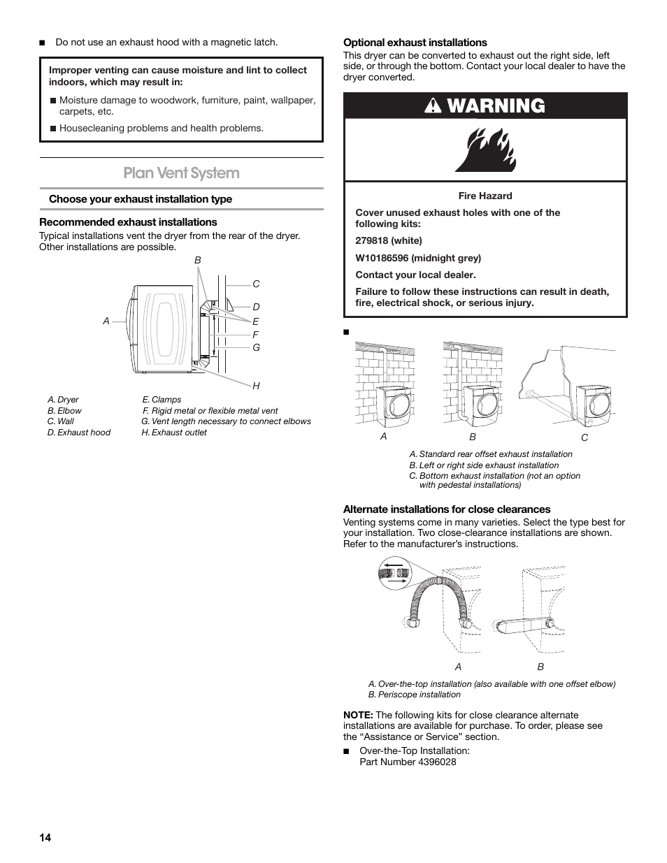 Plan vent system, Choose your exhaust installation type, Recommended exhaust installations | A. dryer, B. elbow, C. wall, D. exhaust hood, E. clamps, F. rigid metal or flexible metal vent, G. vent length necessary to connect elbows | Amana W10216186A User Manual | Page 14 / 28
