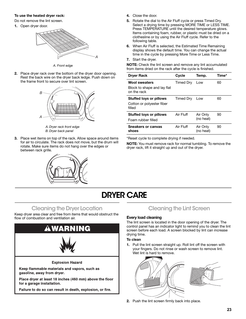 To use the heated dryer rack, Open dryer door, A. front edge | A. dryer rack front edge, B. dryer back panel, Close the door, Start the dryer, Dryer rack, Cycle, Temp | Amana W10216186A User Manual | Page 23 / 28