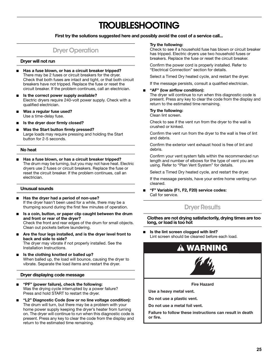 Troubleshooting, Dryer operation, Dryer will not run | No heat, Unusual sounds, Dryer displaying code message, Dryer results, Warning | Amana W10216186A User Manual | Page 25 / 28