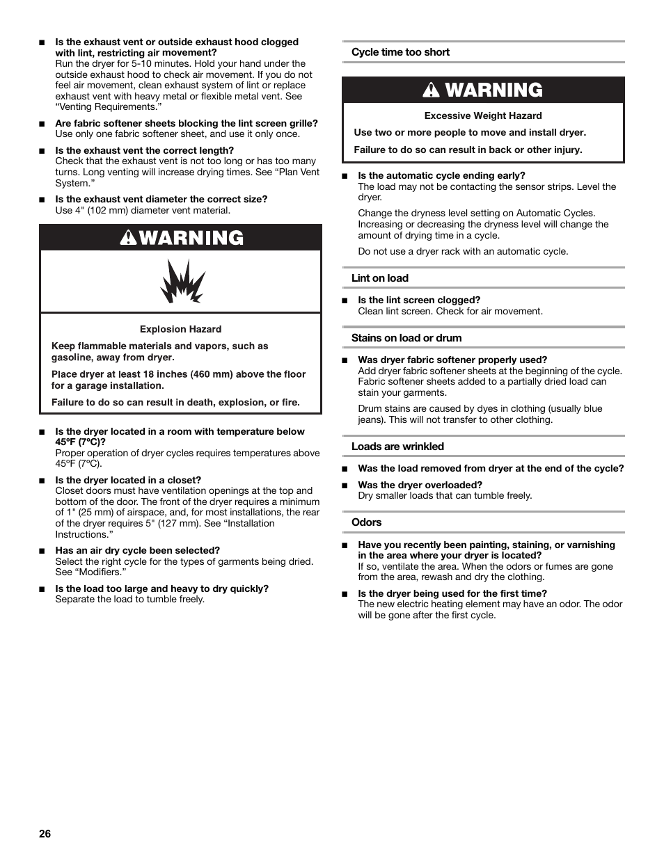 Cycle time too short, Lint on load, Stains on load or drum | Loads are wrinkled, Odors, Warning | Amana W10216186A User Manual | Page 26 / 28