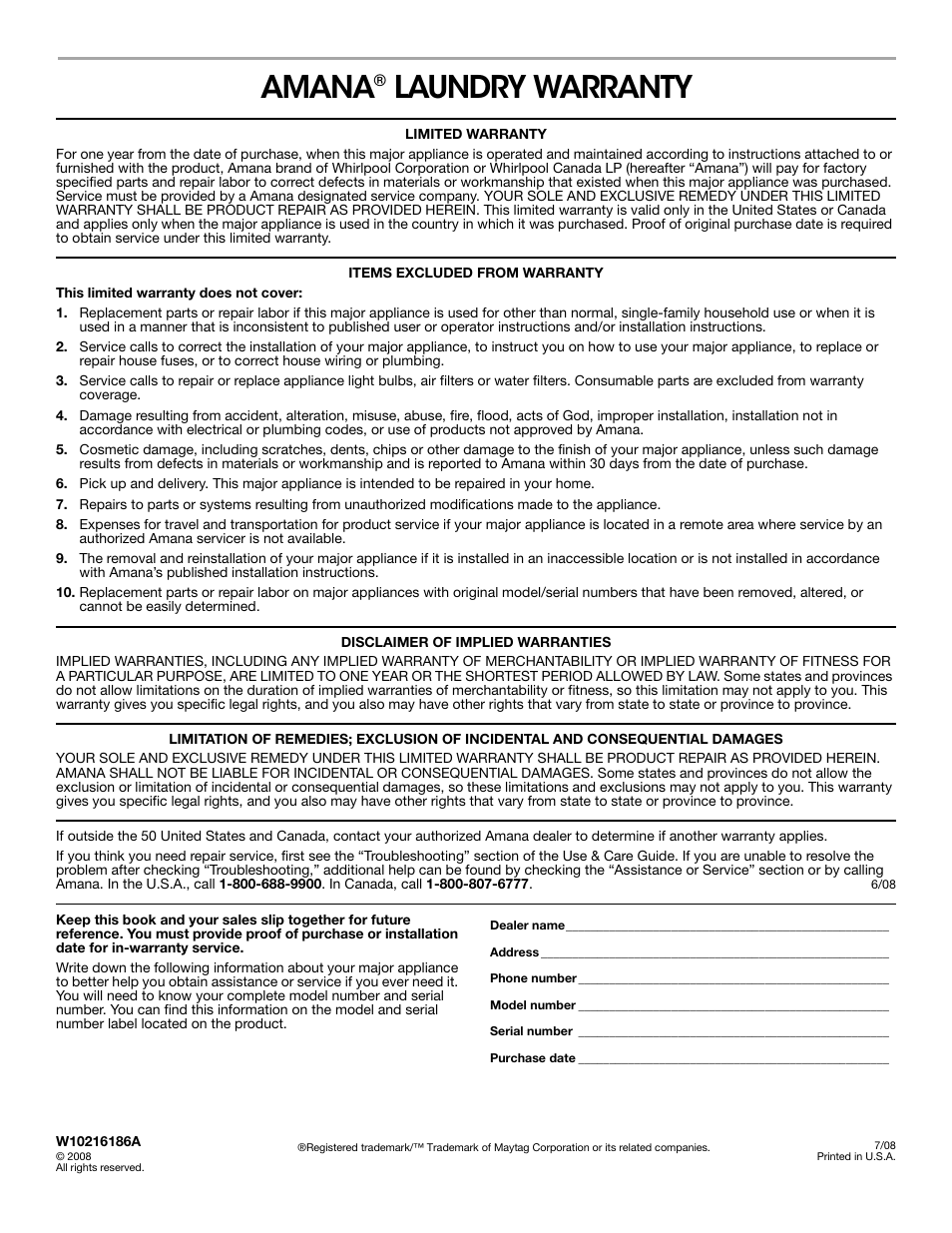 Amana® laundry warranty, Limited warranty, Items excluded from warranty | Disclaimer of implied warranties, Amana, Laundry warranty | Amana W10216186A User Manual | Page 28 / 28