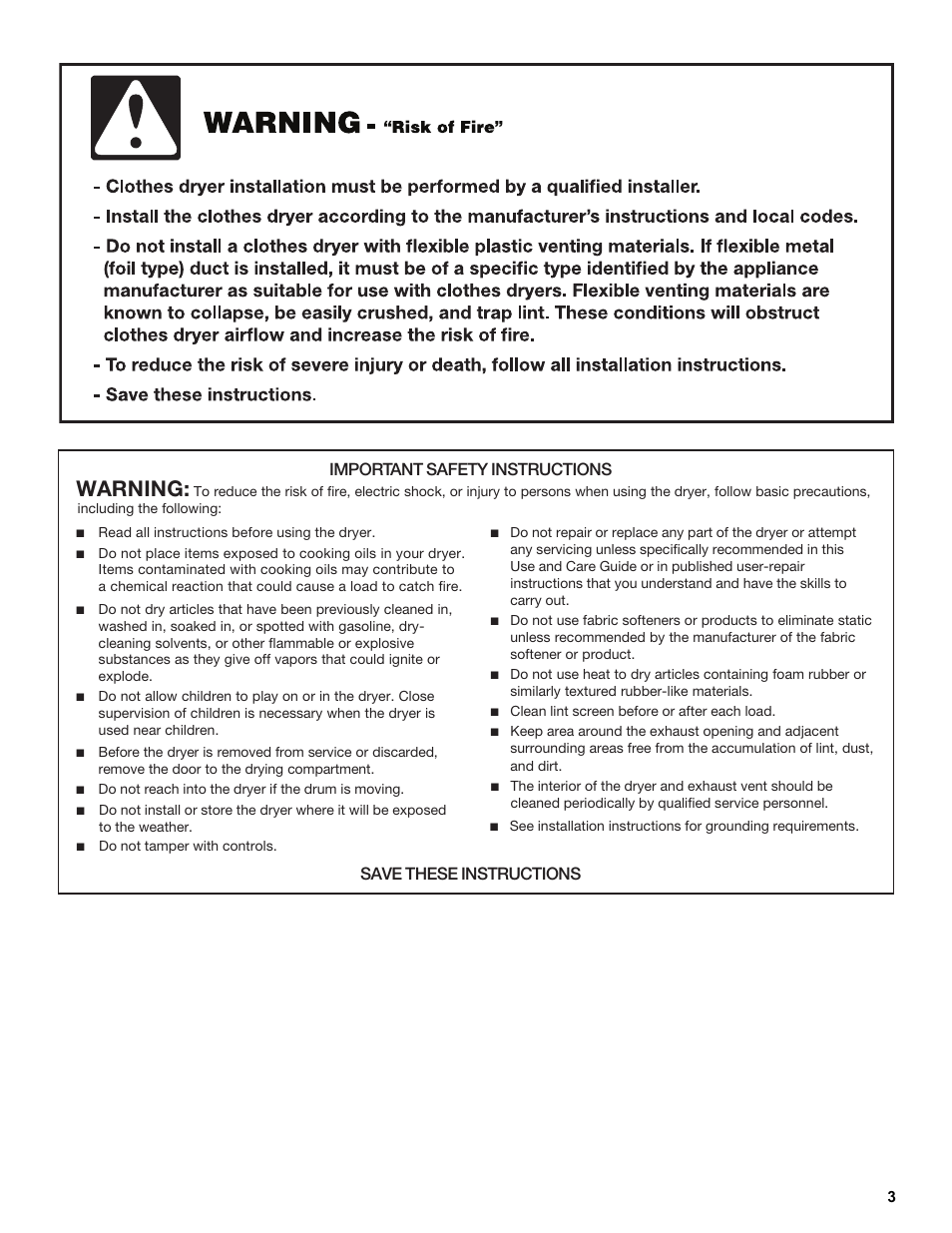 Warning, Important safety instructions, Save these instructions | Amana W10216186A User Manual | Page 3 / 28