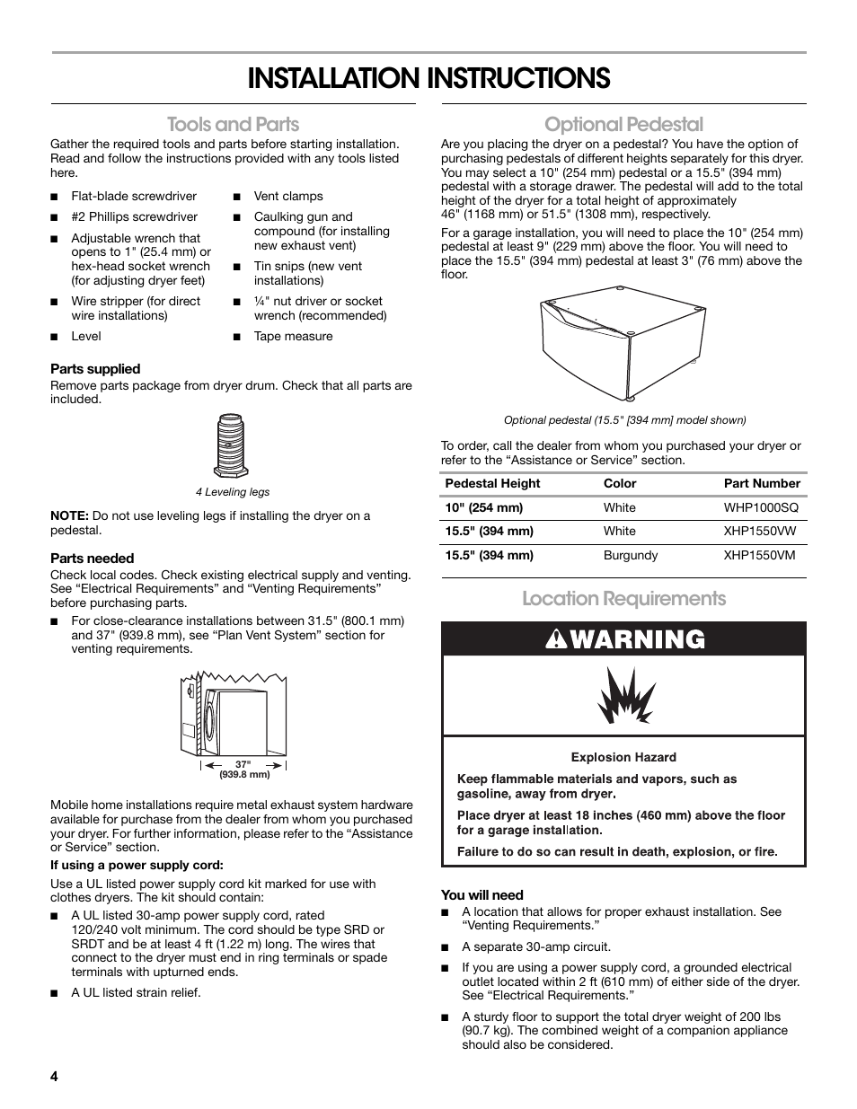 Installation instructions, Tools and parts, Parts supplied | 4 leveling legs, Parts needed, If using a power supply cord, Optional pedestal, Optional pedestal (15.5" [394 mm] model shown), Pedestal height, Color | Amana W10216186A User Manual | Page 4 / 28