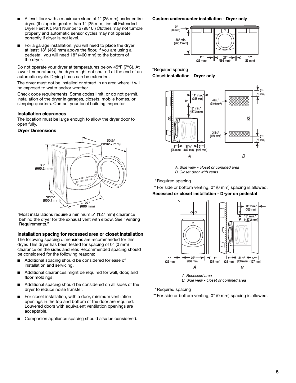 Installation clearances, Dryer dimensions, A. side view - closet or confined area | B. closet door with vents, A. recessed area, B. side view - closet or confined area | Amana W10216186A User Manual | Page 5 / 28