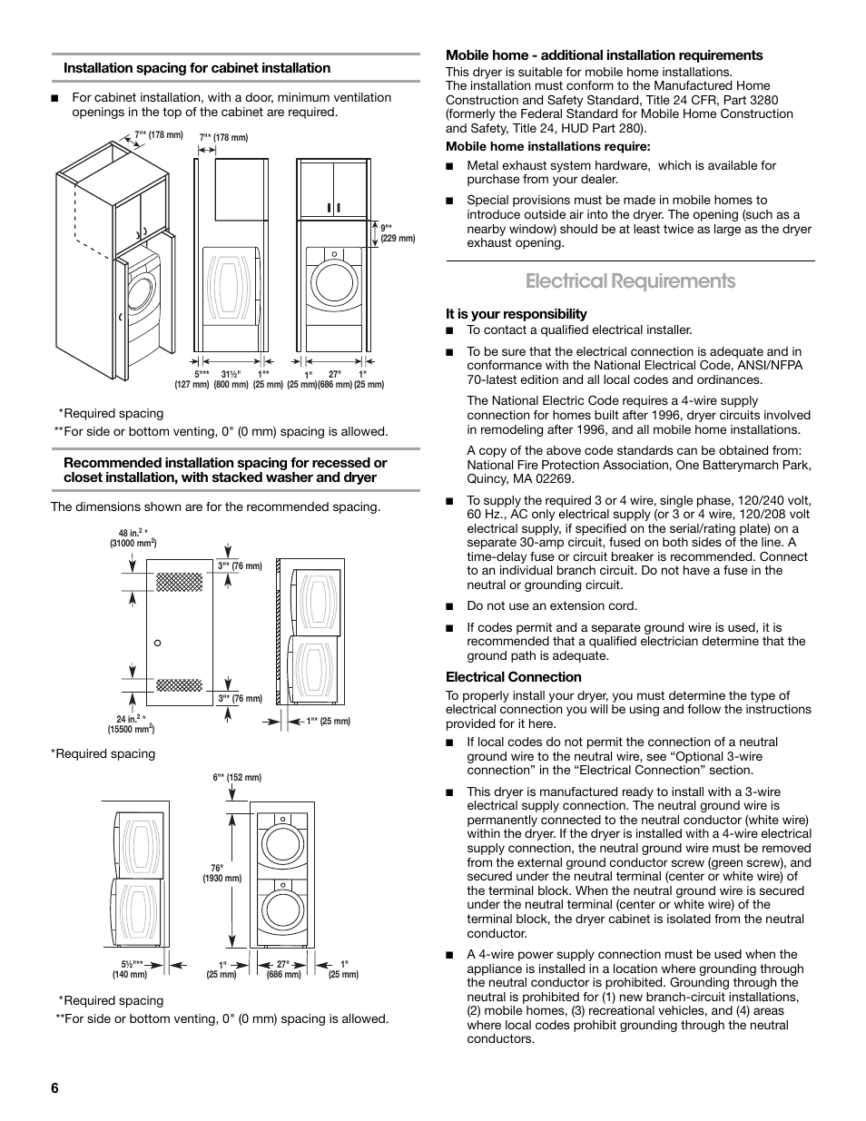 Installation spacing for cabinet installation, Mobile home - additional installation requirements, Mobile home installations require | Electrical requirements, It is your responsibility, Electrical connection | Amana W10216186A User Manual | Page 6 / 28