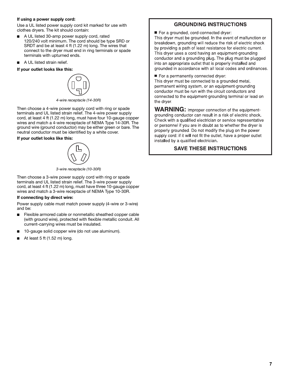 If using a power supply cord, If your outlet looks like this, Wire receptacle (14-30r) | Wire receptacle (10-30r), If connecting by direct wire | Amana W10216186A User Manual | Page 7 / 28