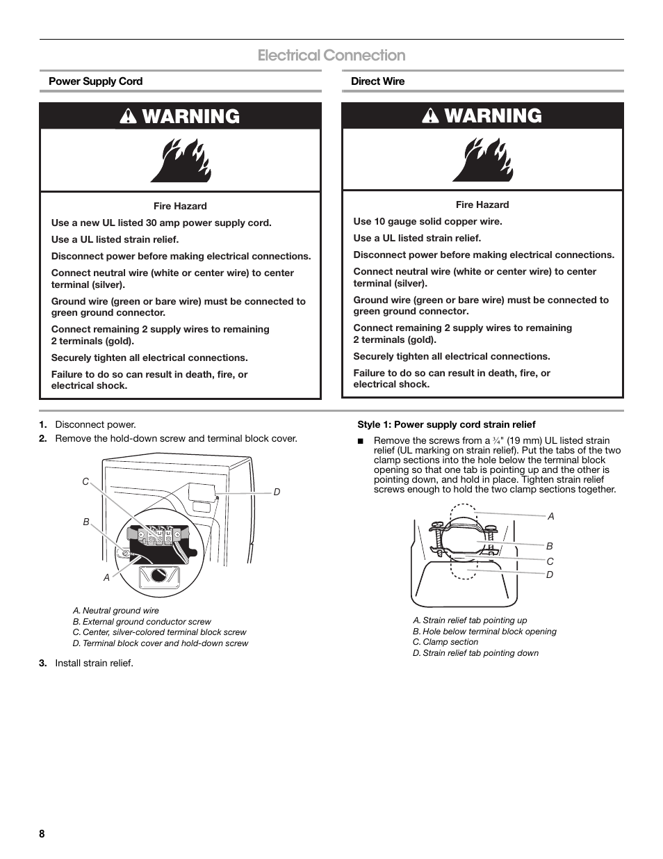 Electrical connection, Power supply cord, Direct wire | Disconnect power, A. neutral ground wire, B. external ground conductor screw, C. center, silver-colored terminal block screw, D. terminal block cover and hold-down screw, Install strain relief, A. strain relief tab pointing up | Amana W10216186A User Manual | Page 8 / 28