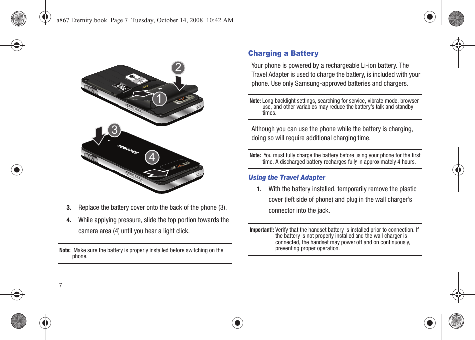 Charging a battery | Samsung SGH-A867ZKAATT User Manual | Page 10 / 198