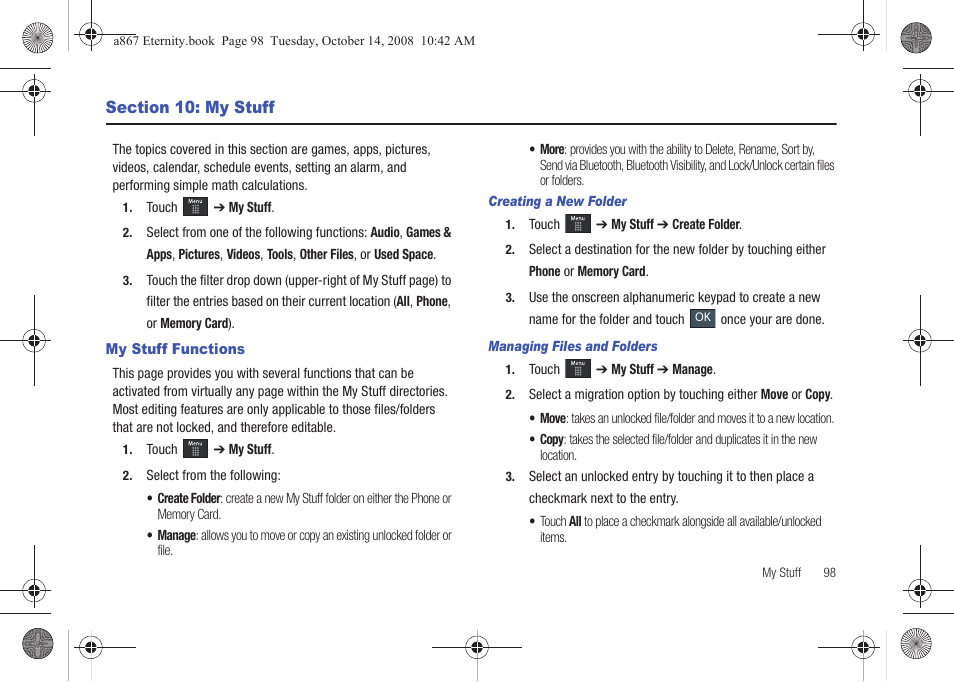 Section 10: my stuff, My stuff functions | Samsung SGH-A867ZKAATT User Manual | Page 101 / 198