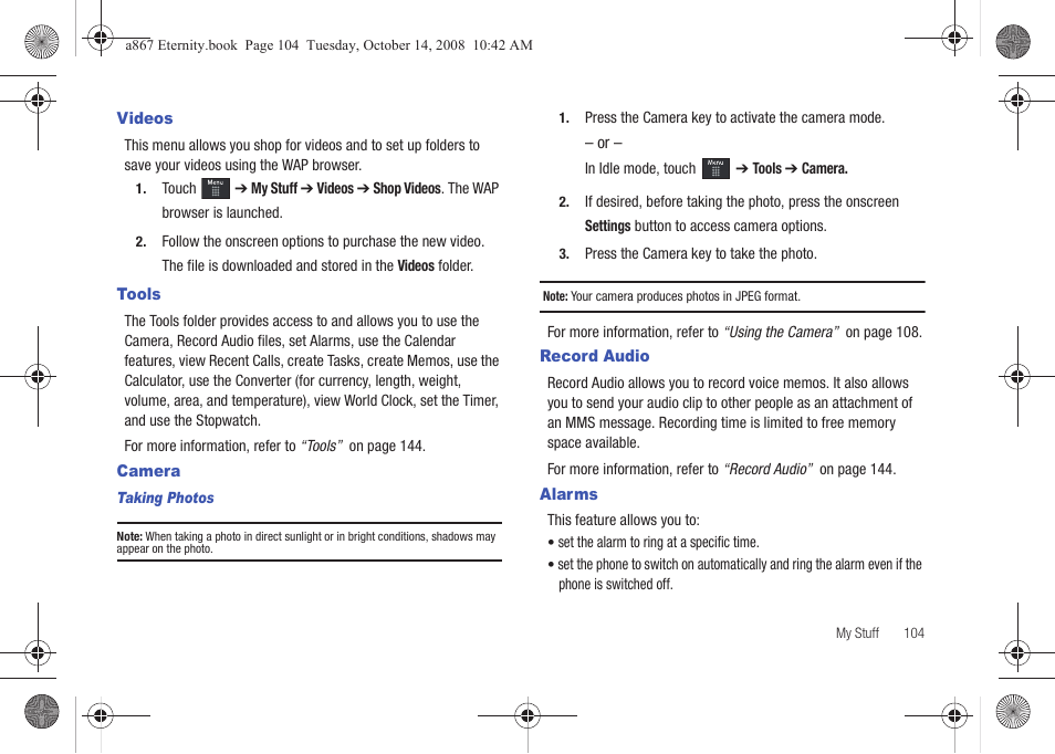 Videos, Tools, Camera | Record audio, Alarms, Videos tools camera record audio alarms | Samsung SGH-A867ZKAATT User Manual | Page 107 / 198