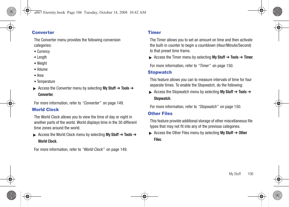 Converter, World clock, Timer | Stopwatch, Other files, Converter world clock, Timer stopwatch other files | Samsung SGH-A867ZKAATT User Manual | Page 109 / 198