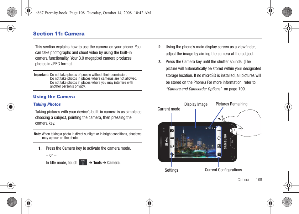 Section 11: camera, Using the camera | Samsung SGH-A867ZKAATT User Manual | Page 111 / 198