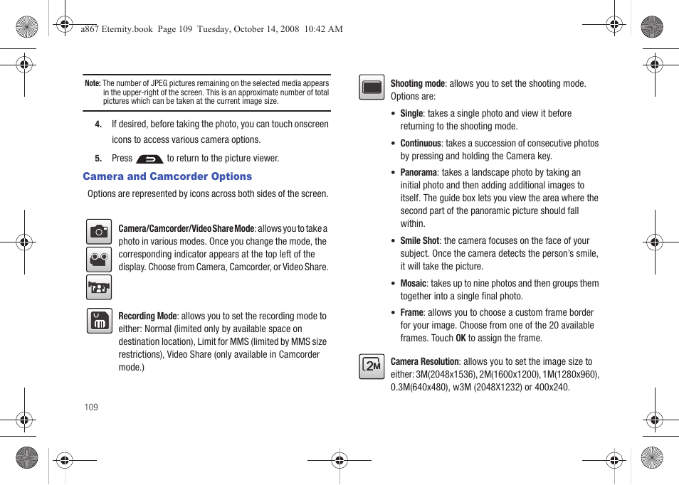 Camera and camcorder options | Samsung SGH-A867ZKAATT User Manual | Page 112 / 198