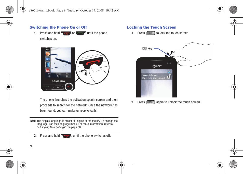 Switching the phone on or off, Locking the touch screen | Samsung SGH-A867ZKAATT User Manual | Page 12 / 198