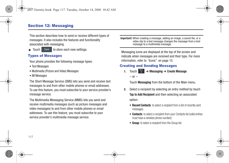 Section 12: messaging, Types of messages, Creating and sending messages | Types of messages creating and sending messages | Samsung SGH-A867ZKAATT User Manual | Page 120 / 198