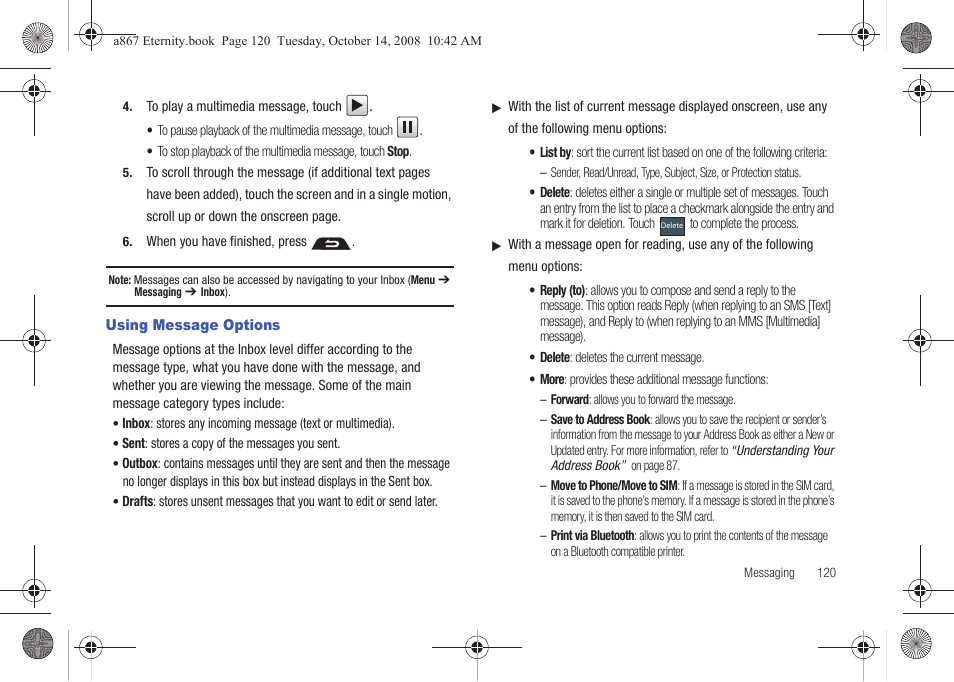 Using message options | Samsung SGH-A867ZKAATT User Manual | Page 123 / 198