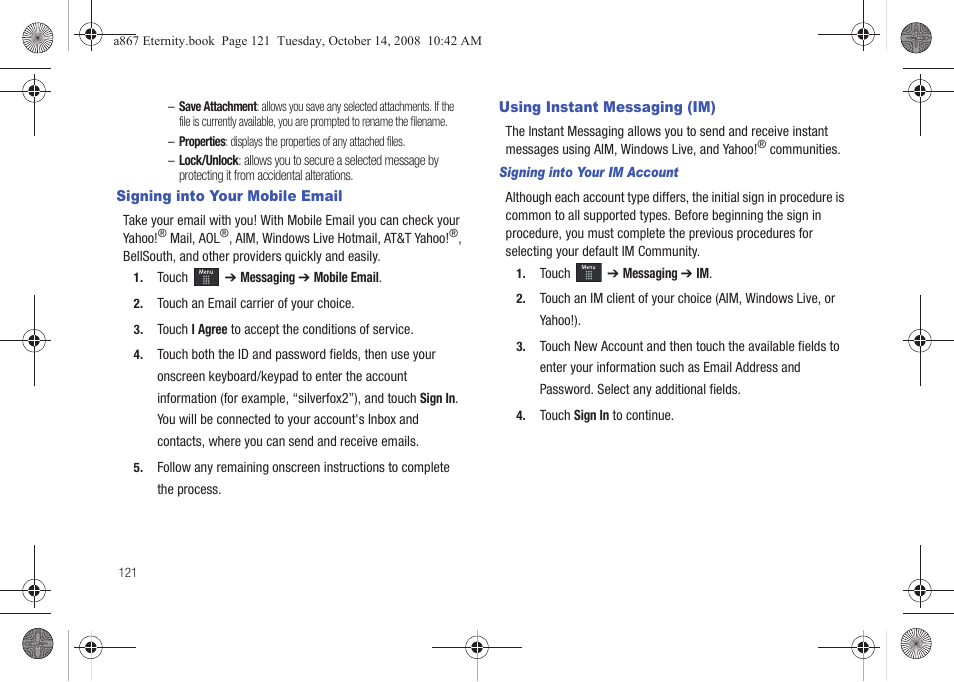 Signing into your mobile email, Using instant messaging (im) | Samsung SGH-A867ZKAATT User Manual | Page 124 / 198