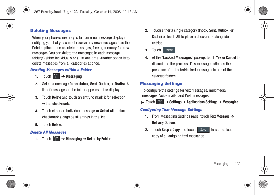 Deleting messages, Messaging settings, Deleting messages messaging settings | Samsung SGH-A867ZKAATT User Manual | Page 125 / 198